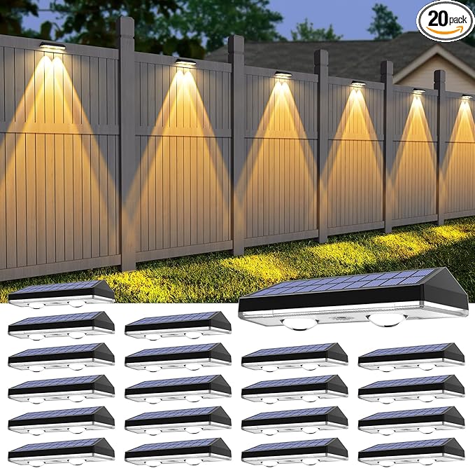 Solar Fence Lights ,Warm White & Cold White & Mixed Color 3 Modes Lens LED Dusk to Dawn Deck Light, Fence Solar Lights Outdoor Waterproof,Solar Outdoor Lights for Backyard/Railing/Wall set of 20