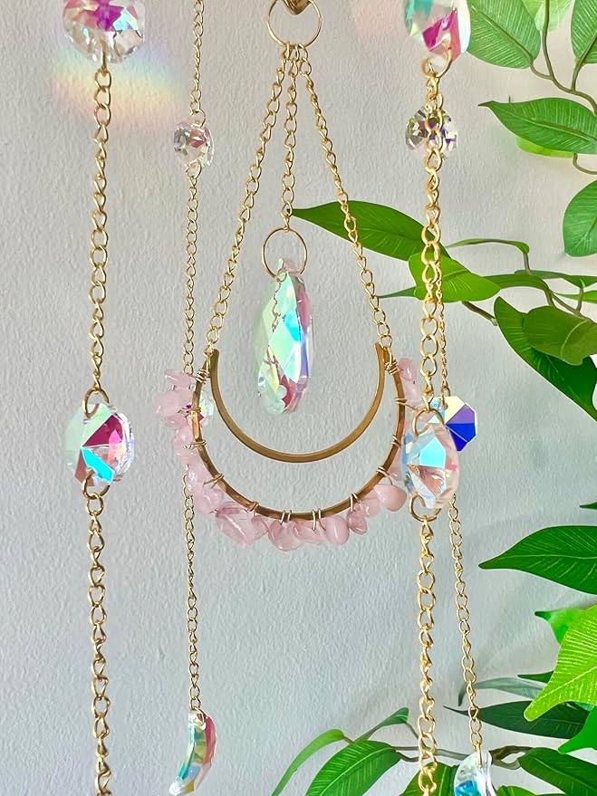 Crystal Suncatcher Rose Quartz, Spiritual, Sun Catcher Hanging for Windows, Rainbow Maker, Crystal Indoor Garden Home Decor, Natural Gemstone Boho Decor (Rose Quartz)