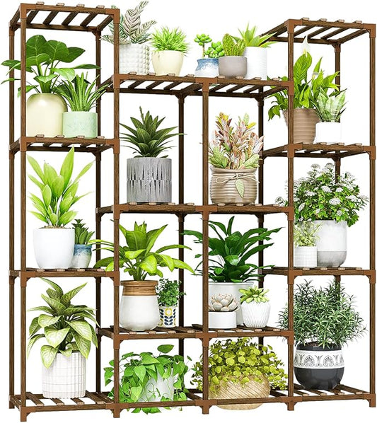 Bamworld Plant Stand Indoor Large Plant Shelf Tall Flower Stands 14 Pots Outdoor Plant Rack for Garden Balcony Patio Window Living Room Corner Wood