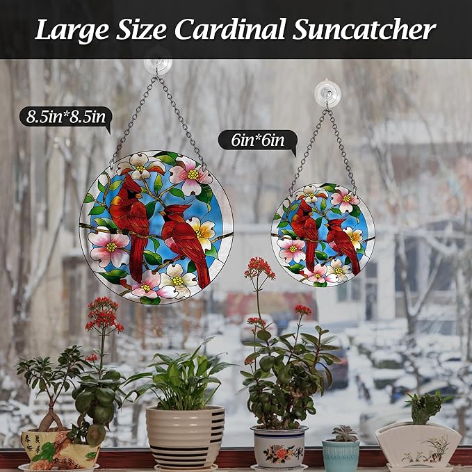 AUFURI Large Size Cardinal Suncatcher - 8.6 inch Stained Glass Window Hanging - Pairs of Red Cardinal Birds - Cardinal Gifts for Women, Hand Painted Glass Cardinal for Birds Lover, Window (8.6inch)