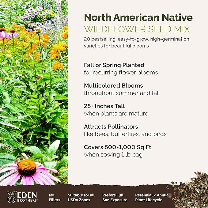 Eden Brothers North American Native Wildflower Mixed Seeds for Planting, 1 lb, 480,000+ Seeds with Birds Eyes, Lupine | Attracts Pollinators, Plant in Spring or Fall, Zones 3, 4, 5, 6, 7, 8, 9, 10