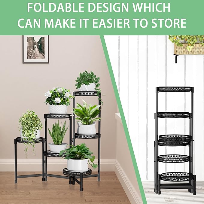 6 Tier Metal Plant Stand Indoor,31.5in Tall Corner Plant Stands Outdoor,Black Folding Tiered Flower Display Holder Rack Shelf Patio Garden Multiple Plants