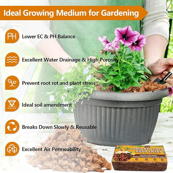 Legigo 10 Pack Coco Husk Chips- 11 LB 100% Organic Coconut Coir Chips Brick Potting Soil Mix with Low EC & PH Balance, Compressed Coconut Substrate Coco Chips Mulch Medium for Garden, Flowers, Plants