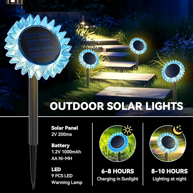 Outdoor Solar Lights, 4 Pack Led Solar Sunflower Lights, Stake/Wall 2-in-1 Waterproof Solar Garden Lights for Yard, Landscape, Fence, Patio, Driveway, Pathway, Backyard Decoration (Warm White)