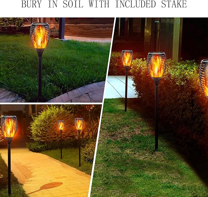 I-SHUNFA 96 LED Outdoor Waterproof Solar Torch Lights with 3 Modes—Flickering Flame, Fade Effect, or Full Brightness Automatic On/Off Landscape Decorations and Security Lights (4, Warm)