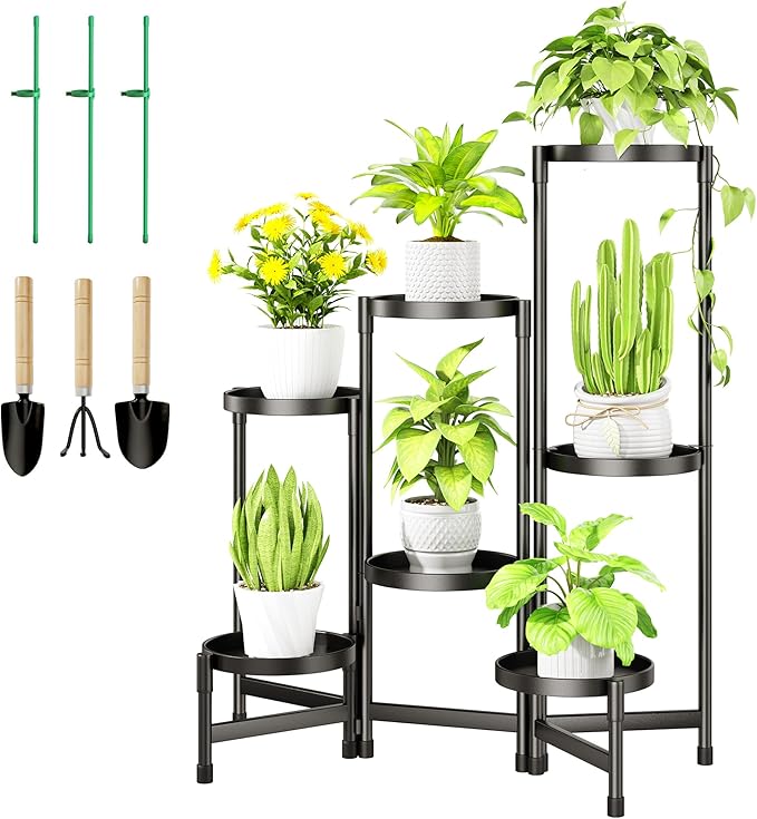 7-Tier Metal Plant Stand Indoor, Foldable Corner Plant Shelf Outdoor, Rotatable Tiered Flower Display Stand, Black Multiple Plants Holder for Patio Living Room Balcony Garden Home Decor