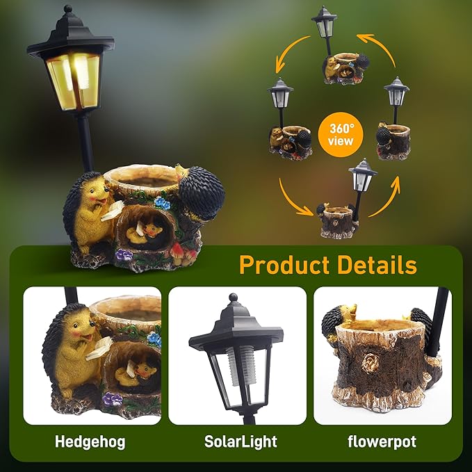 Outdoor Hedgehogs Statues Solar Sculptures with Solar Lights and Flowerpot Funny Garden Decor Animal Figurines Resin Outdoor Statues for Patio Yard Lawn Balcony Gifts