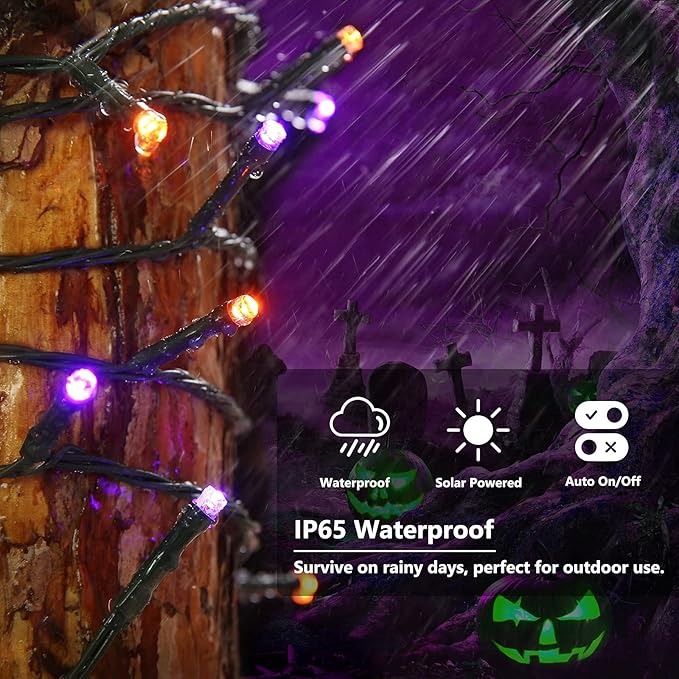 Joomer 2 Pack Orange Purple Halloween Solar String Lights Total 144 FT 400 LED 8 Modes Waterproof Solar Halloween Lights Outdoor for Halloween Decorations
