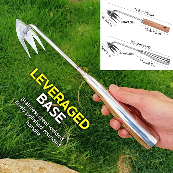 Stainless Steel Multifunctional Weeder, Weeder Puller Stand Up, Hand Weeder Tool for Gardening with Handle, V-Shaped Light Duty Hand Weeder for Garden Yard Farm Weed Removal (Wood)