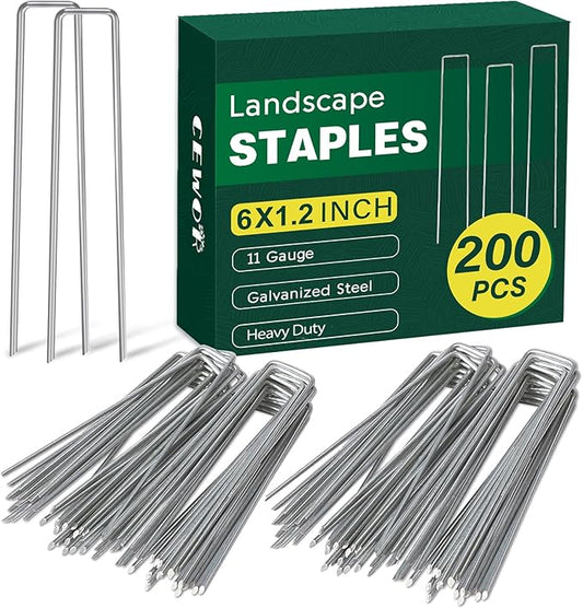 CEWOR 200 Pack Landscape Staples 6 Inches, 11 Gauge Galvanized Landscape Fabric Stakes Metal Garden Ground Stakes Sod Pins for Lawn, Barrier Fabric, Holding Fence, Ground Cover