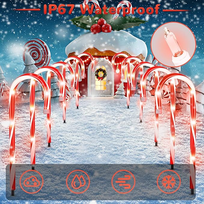 Christmas Candy Cane Pathway Makers Lights, 10 inch Set of 10 Candy Canes Lights Outdoor, Candy Cane Lights Christmas Decorations Outdoor