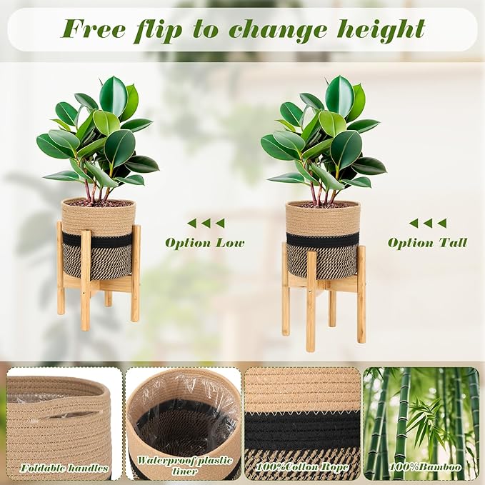 Plant Basket with Stand Indoor Planter Pot Holder Sturdy Jute Rope Modern Woven Basket, Cotton Rope Woven Pot with Bamboo Stand(7.87 Inch,Black and Beige Stripes)