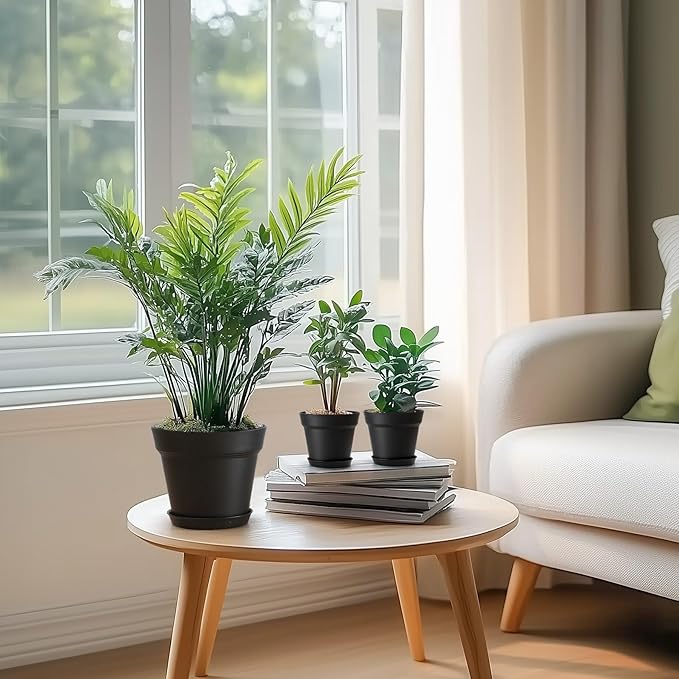 T4U 7.5 Inch Plant Pots 12-Pack - Small Plastic Planter with Drainage Hole and Saucer, Decorative Nursery Pot Bulk for African Violet, Snake Plant, Succulent and All House Plants Indoor (Black)