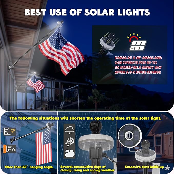 ZMTECH 2 Pcs 6 FT Flag Pole with Solar Light - Adjustable Bracket, Stainless Steel Flag Poles for Outside House, Tangle Free Flag Pole Holder Kit for American Flag (Without Flag, Silver)