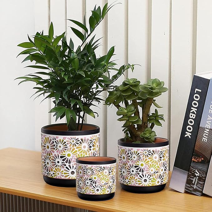 3 Piece Ceramic Plant Pots, 5.7/4.7/3.5/inch Planters with Drainage Hole, Outdoor Indoor Flower Pots Set, Modern Decorative Plant Pots for Lilies, Cacti, Succulents, Snakes, Bamboo(Black)