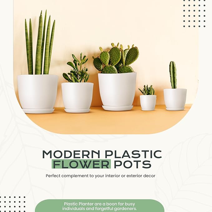 Utopia Home - Plant Pots Indoor with Drainage - 7/6.6/6/5.3/4.8 Inches Home Decor Flower Pots for Indoor Planter - Pack of 10 Plastic Planters for Indoor Plants, Cactus, Succulents Pot - White