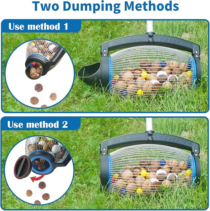 Zozen Nut Gatherer, 2 Dumping Method | Walnut Picker Upper Roller, Pine Cone Picker Upper - Apply to Pinecone, Hickory, Chestnuts, Buckeyes, Golf, Crab Apple Objects Size 1'' to 2.5''; 1.5 Gallon