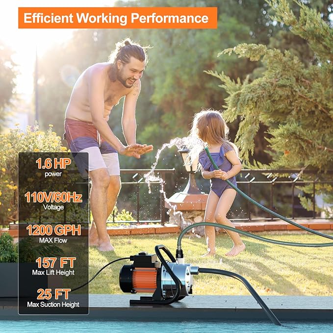 1.6 HP Portable Water Transfer Pump 1800 GPH Shallow Well Pump Garden Booster Sprinkler Pumps for Irrigation Lawn Farm Water Removal with Adapters, Orange