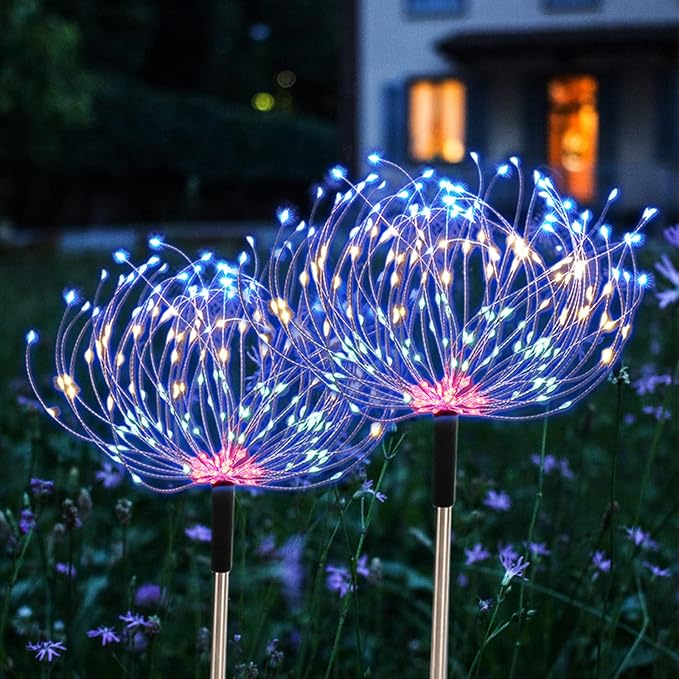 Fireworks Solar Lights Outdoor 4 Pack 480 LED Pathway Lights Solar Powered Starburst Fairy Lights Waterproof 8 Lighting Modes with Remote Control for Patio Christmas Yard Decorative(Multi-Colored)