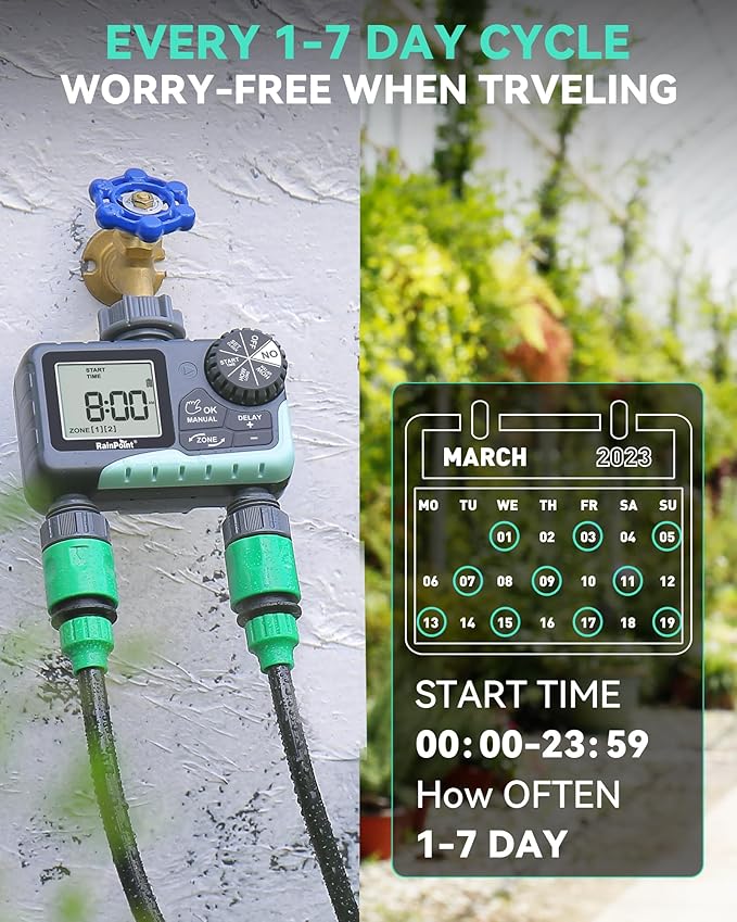 RAINPOINT 2 Zone Sprinkler Timer - 2pcs Water Timer for Garden Hose with Rain Delay/Manual Watering/Automatic Irrigation Controller System - Water Hose Timer Programmable Faucet Timer for Yard Lawn