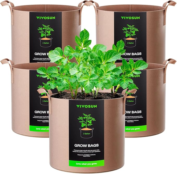 VIVOSUN 5-Pack 3 Gallons Grow Bags Heavy Duty Thickened Nonwoven Fabric Pots with Strap Handles Tan