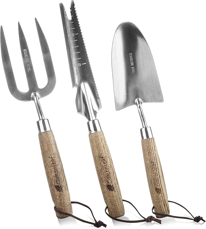 3 Piece Garden Hand Tool Set Extra Large Stainless Steel with Timber Handles Trowel Fork and Multitool