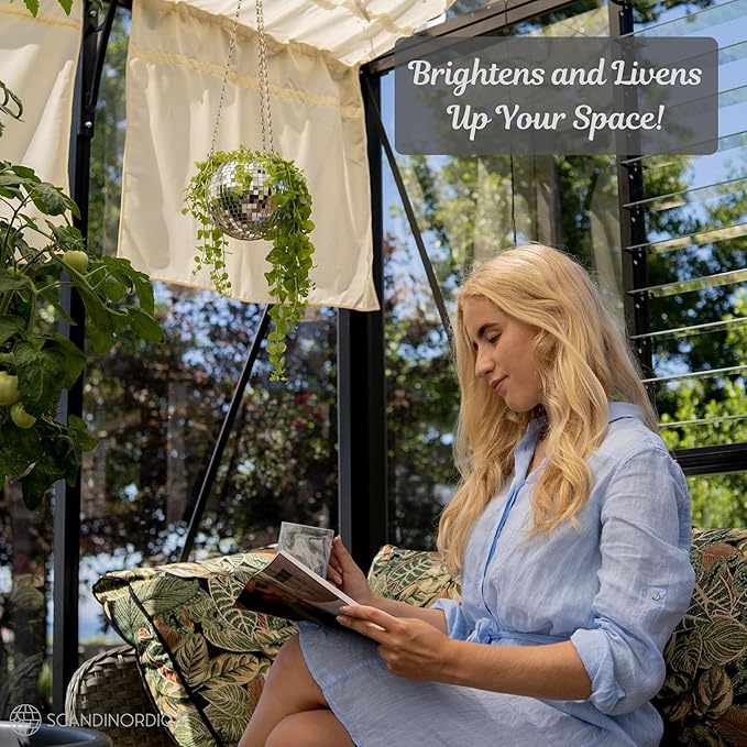 SCANDINORDICA Disco Ball Planter – Value Package: Mirror Disco Planter with Chain, Macrame Hanger and Acrylic Stand for Desk, Includes Self Watering Insert, Disco Ball Decor | 6 inch Silver