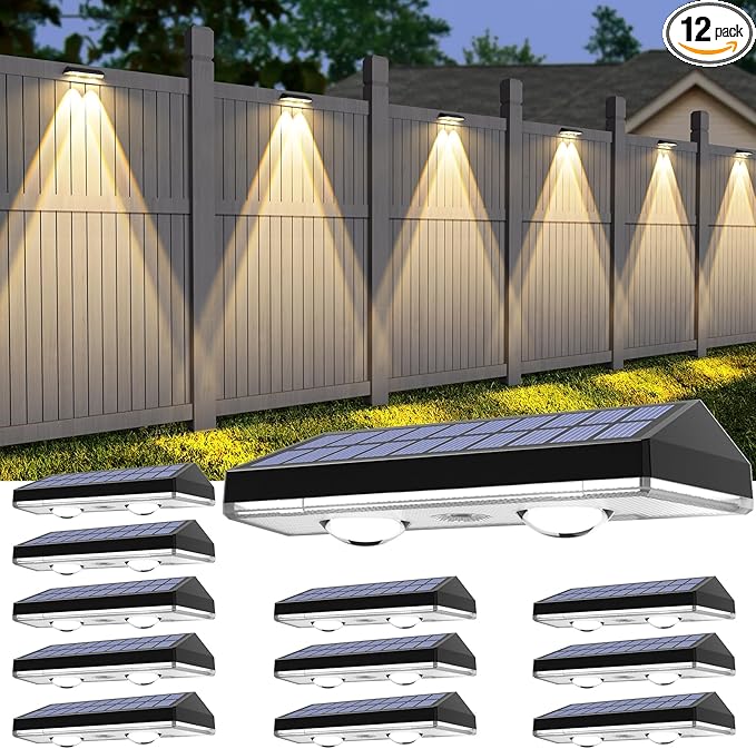 Solar Fence Lights ,RGB & Warm White & 6 Colors Bright Lens LED Dusk to Dawn Deck Light, Fence Solar Lights Outdoor Waterproof, Solar Outdoor Lights for Backyard/Railing/Wall/Step/Patio/Pool (12Pack)