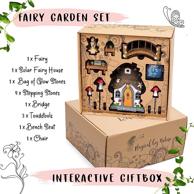 WILD PIXY Fairy Garden Kit - 13 Piece Glow in The Dark Fairy Garden Accessories, 7.1"" Outdoor Fairy House with Opening Door and Solar LED Light, Garden Door for Trees, Stones, Indoor/Outdoor Décor