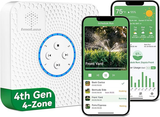 ImoLaza ET Master 4th Gen Smart Sprinkler Controller: Upgraded 4-Zone WiFi Irrigation Controller with Automated Watering, App Control, Smart Weather Skips and Fault Alerts