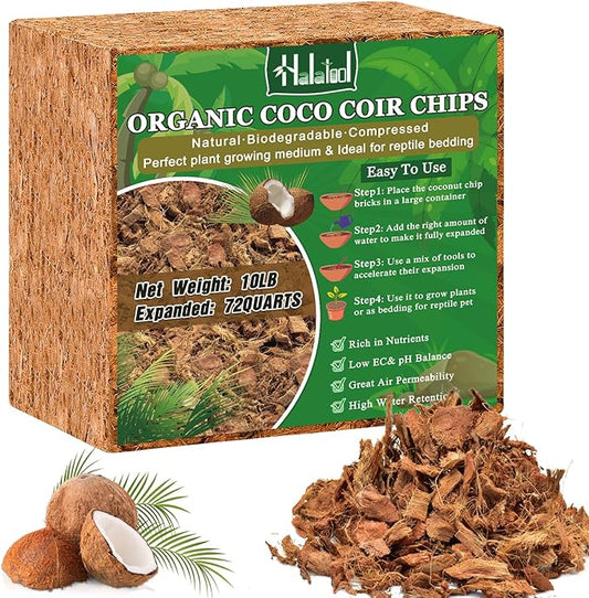 Halatool 10LB Compressed Coconut Coir Chips, 100% Natural Organic Coco Husk Chips Coco Chips Substrate for Plants Flowers, Garden
