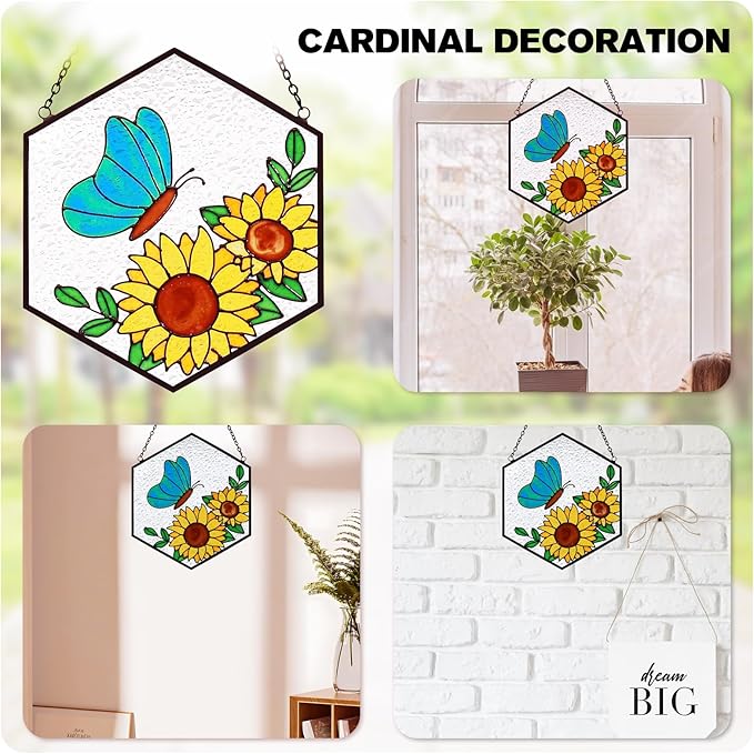Stained Glass Butterfly Sunflower Suncatcher Window Hanging Ornament, Light Transmission Hand Paint Sun Catchers for Women Gifts, for Lover