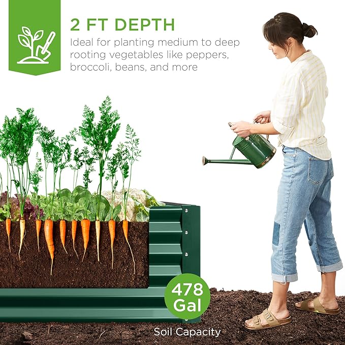 Best Choice Products 8x4x2ft Outdoor Metal Raised Garden Bed, Deep Root Planter Box for Vegetables, Flowers, Herbs, and Succulents w/ 478 Gallon Capacity - Dark Green