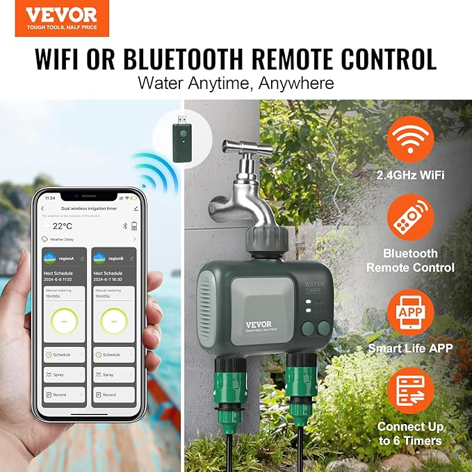 VEVOR Sprinkler Timer WiFi Water Timer, 2 Outlets, Smart Hose Faucet Water Timer with Brass Inlet, APP Remote Control via 2.4Ghz WiFi or Bluetooth, Voice Control, IPX6 for Garden, Yard Watering