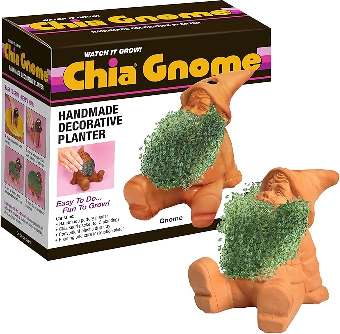 Chia Pet Gnome with Seed Pack, Decorative Pottery Planter, Easy to Do and Fun to Grow, Novelty Gift, Perfect for Any Occasion