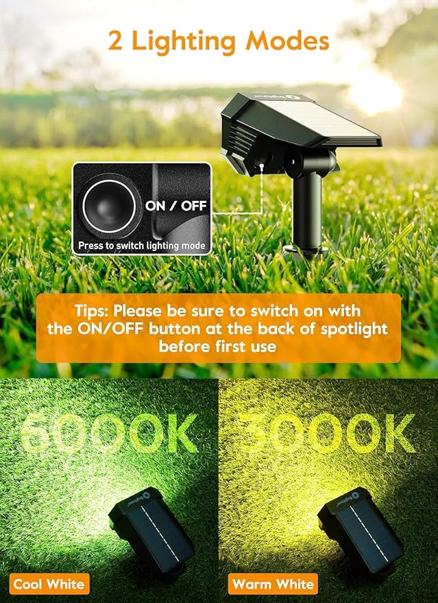 Brightown Solar Lights Outdoor Waterproof, White and Warm White 2 Colors Solar Spot Lights Outdoor with Remote Control, 3 Modes Solar Powered Outdoor Lights for Yard Porch Pathway Garden, 6 Pack