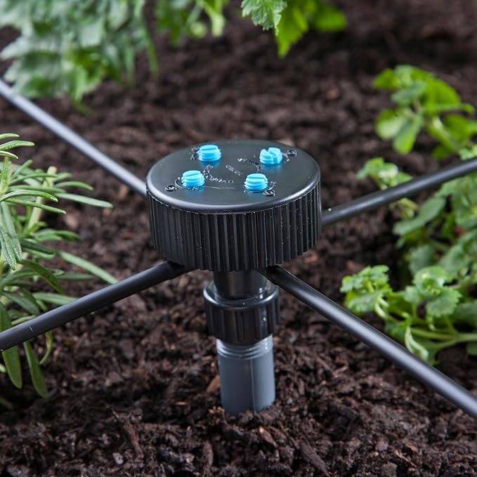 Raindrip 13400UB Hydro-Port Adjustable Four Bubbler, up to 30 GPH Per Outlet, Black-Blue