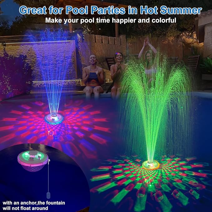 Floating Pool Fountain with Underwater Light Show,Pool Water Fountain Rechargeable Battery Powered,2 Spray Modes Pool Fountain Pump for Inground Above Ground Pools-1PC