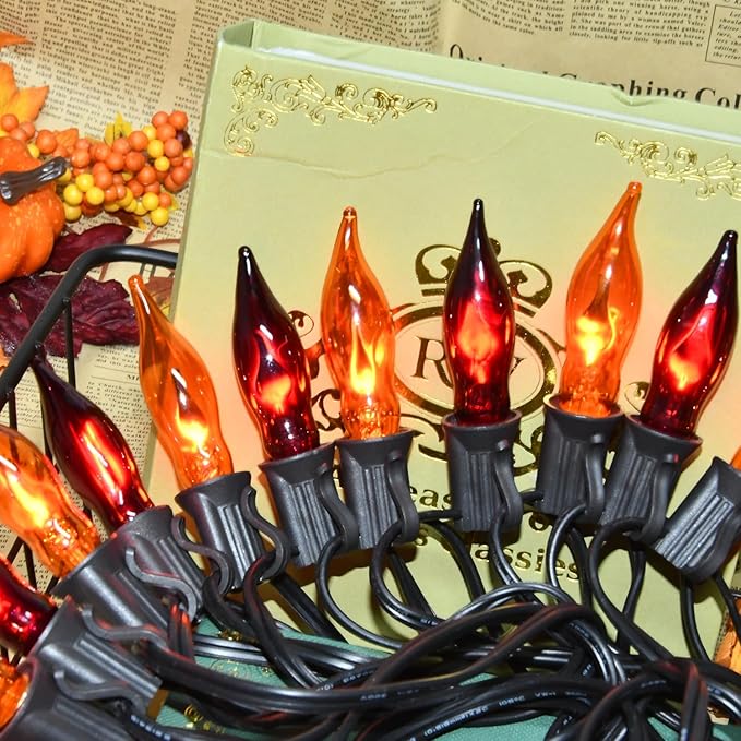 27.8 FT Halloween Decorations, C7 Clear Orange and Purple Halloween Lights, Flickering Flame String Lights Outdoor, E12 Screw Base, Flame String Lights for Halloween Garden Patio Party Decor, Black