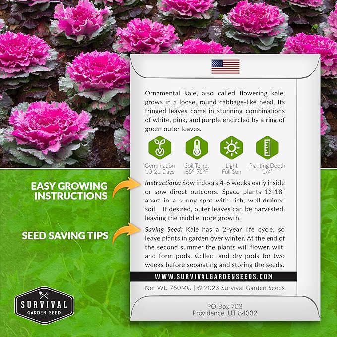 Ornamental Kale Seed for Planting - 3 Packets with Instructions for Growing Ornamental Flowering Kale Plants in Your Home Vegetable Garden - Non-GMO Heirloom Variety - Survival Garden Seeds