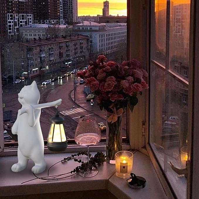 Solar Powered Garden Resin Statue Lights, 10 Inch Waterproof Outdoor Animal Cute Cat Figurine Lights, Suitable for Patios, Balconies, Lawns, Courtyards, Etc (Walking)