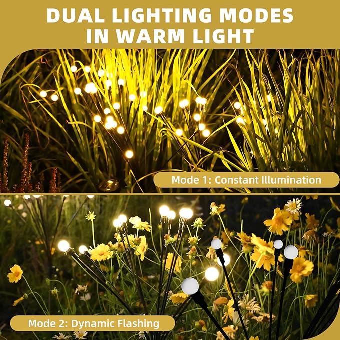 Solar Garden Lights, 2-Pack Dual Mode 20-LED Waterproof Outdoor Solar Firefly Lights for Yard, Patio, Pathway – Warm White Ambiance