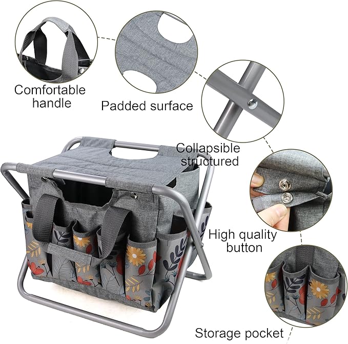 MDSTOP Folding Gardening Stool with Detachable Storage Tote Bag, Gardening Tools Set Organizer for Fishing Outdoor Sports Hiking Camping Garden, Gardening Gifts for Mom/Dad, Without Tools (Aluminum)