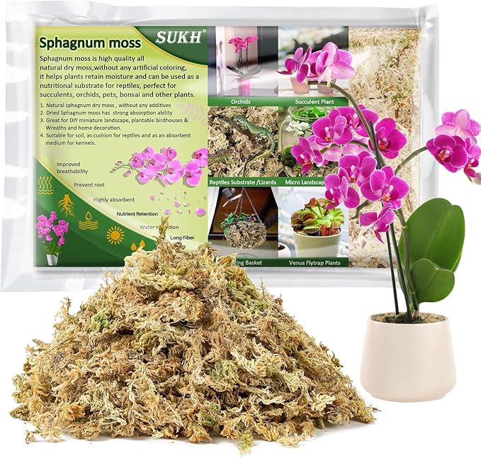Sukh 4oz Sphagnum Moss for Plants - Sphagnum Peat Moss Natural Dried Long Fibered for Orchids Succulent Carnivorous Potted Plant Reptiles Medium Sarracenia DIY Terrarium Decorations