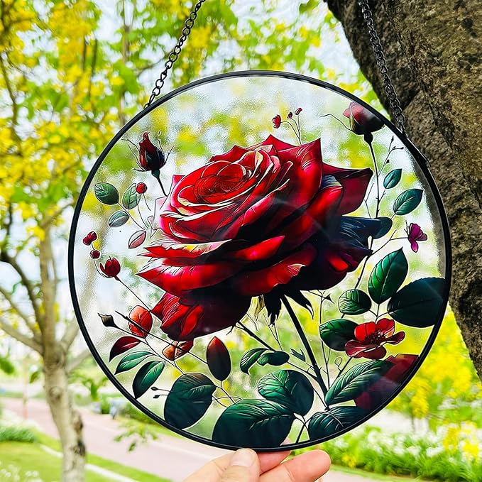 RIVEENY Red Rose Stained Glass Window Hanging,8" Valentines Day Rose Gifts for Wife Girlfriend,Birthday Gift for Women, for Mom Grandma Aunt Sister