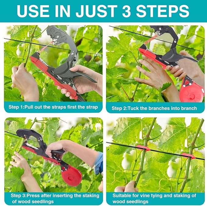 Plant Tying Machine, Lightweight Plant Vine Tying Tape Machine Tool, Plant Tape Gun for Tomatoes, Grapes and Vegetable Garden,Including Spare SK5 Blade, Garden Tapes and Staples(Red)