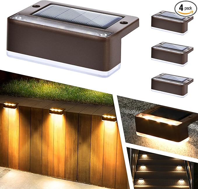 SOLPEX Solar Fence Lights, 6 LEDs Solar Lights Outdoor Waterproof Solar Powered for Deck, Stair, Front Porch, Balcony, Walkway, Garden, Yard, Patio, Pool Decor, IP65 Waterproof (4 Pack, Warm White)