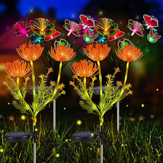 Neporal 4PK Solar Garden Lights Outdoor, Solar Flower Lights + Multi-Color Solar Butterfly Lights Outdoor, Swaying Solar Yard Decorations for Outdoor, IP65 Waterproof (Glowing Flowers, 4, Count)