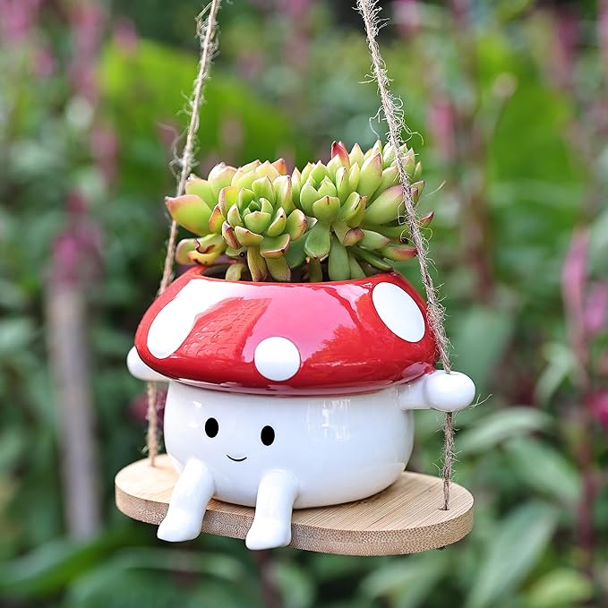 Fungi Fun Mushroom Swing Face Planter Pot, Hanging Ceramic Flower Head Planters for Indoor Outdoor Plants, Succulent Pots for String of Pearls Plant, Live Gift Ideas