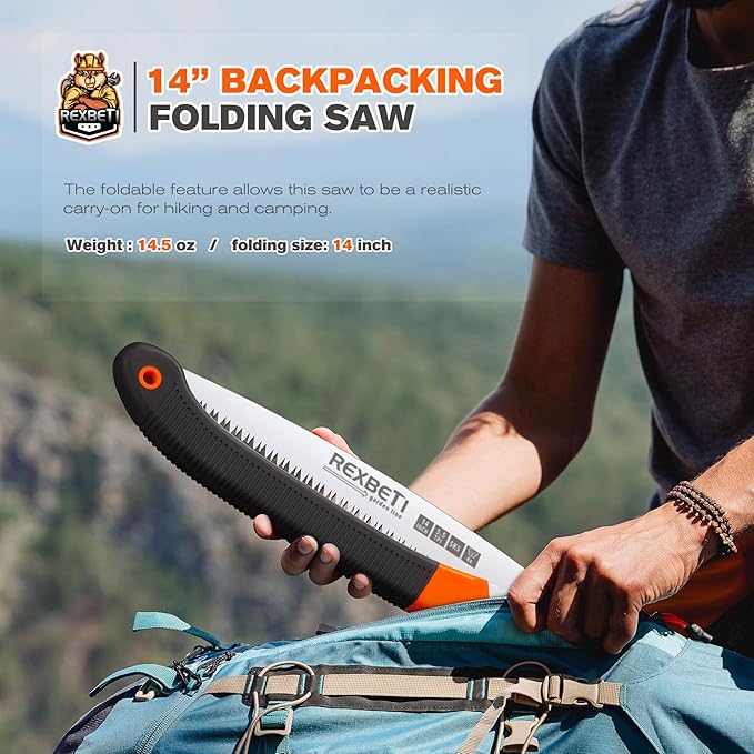 REXBETI Folding Saw, Extra Long 14 Inch Blade Backpacking Saw for Hiking Camping, Dry Wood Trimming Pruning Saw With 4 Cutting Angle Hard Teeth, Large Folding Saw with SK-5 Steel